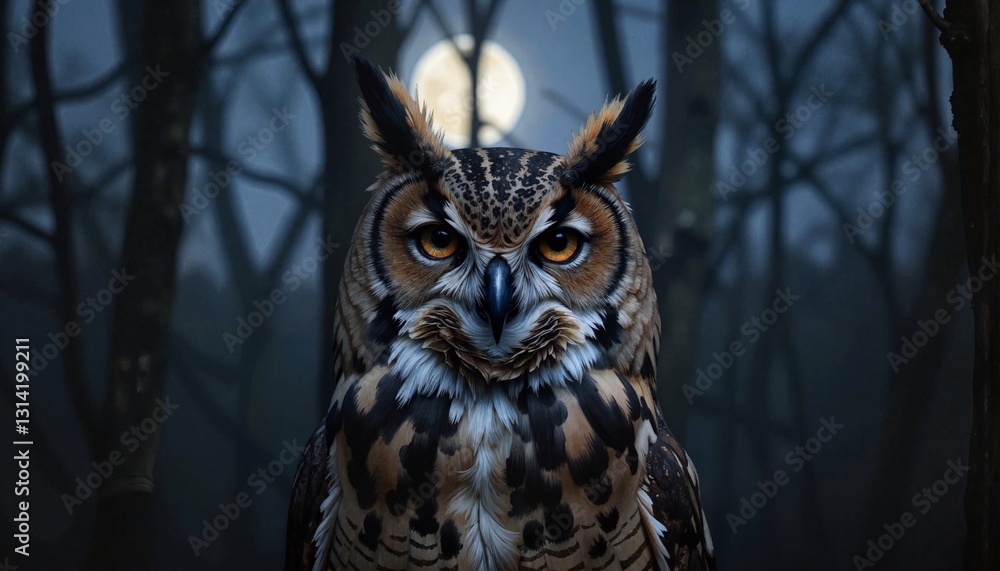 Owl perched calmly under moonlight in dark forest Owl perched calmly under moonlight in dark forest