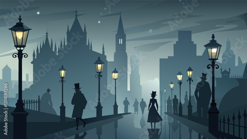 In the misty gaslit streets of Victorian London elegant street lamps guided weary travelers towards their destinations.. Vector illustration