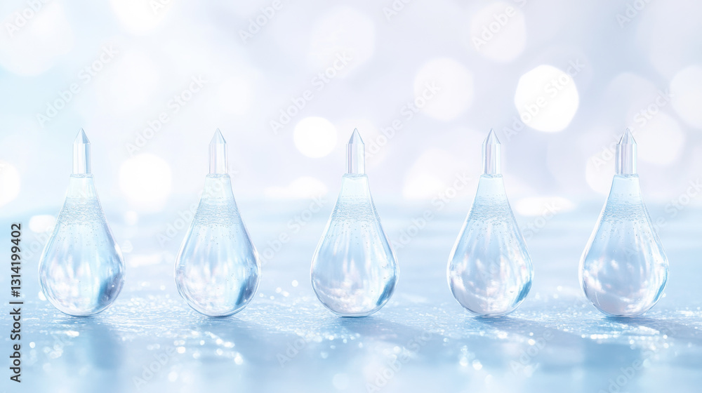 Clear glass dropper bottles surrounded by soft, blurred lights create an elegant, tranquil atmosphere in a serene setting Clear glass dropper bottles surrounded by soft, blurred lights create an elegant, tranquil atmosphere in a serene setting