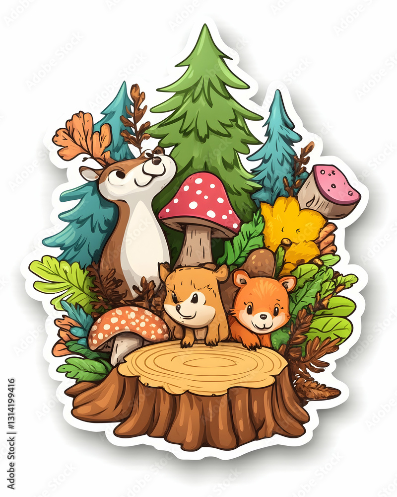 Naklejka premium Forest friends deer, squirrel, hedgehog, and mushroom, on a tree stump