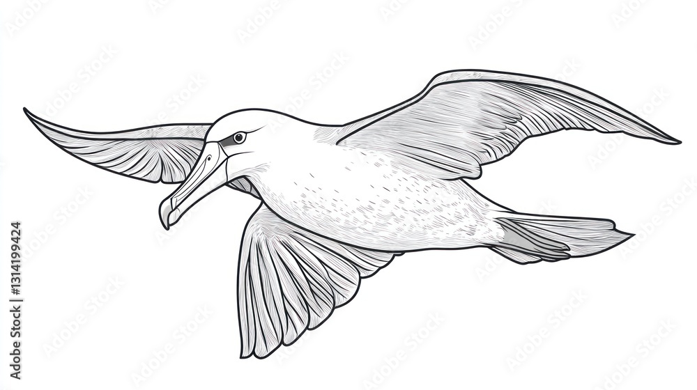 Fototapeta premium A grayscale illustration of a flying seabird. Detailed depiction of wingspan and beak