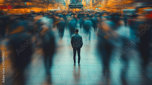 A person standing in a crowded urban environment, with blurred figures rushing by, creating a feeling of isolation and anxiety amidst chaos