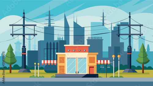 Nestled in the heart of the city the electricity substation is a beehive of activity responsible for keeping the lights on in the bustling metropolis.. Vector illustration