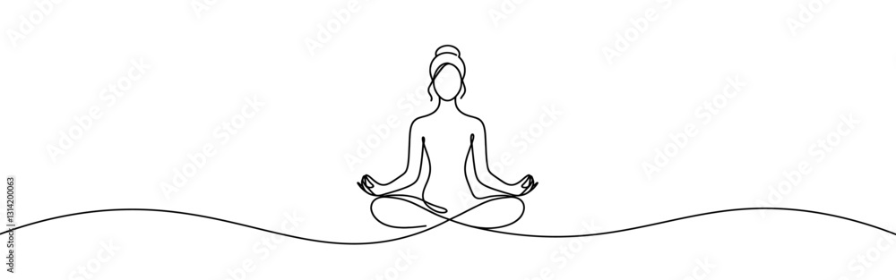 Woman sitting in meditation continuous one line drawing. Yoga sign in simple linear style. Vector illustration. Woman sitting in meditation continuous one line drawing. Yoga sign in simple linear style. Vector illustration.