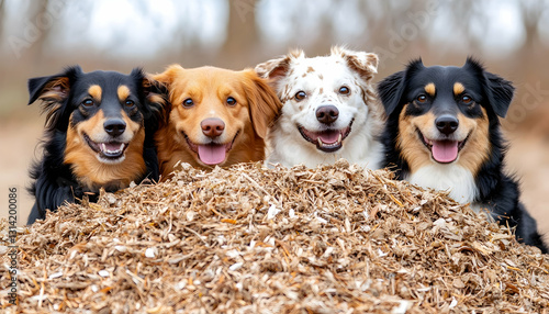 Four happy dogs are behind pile of wood chips. Looking into camera
