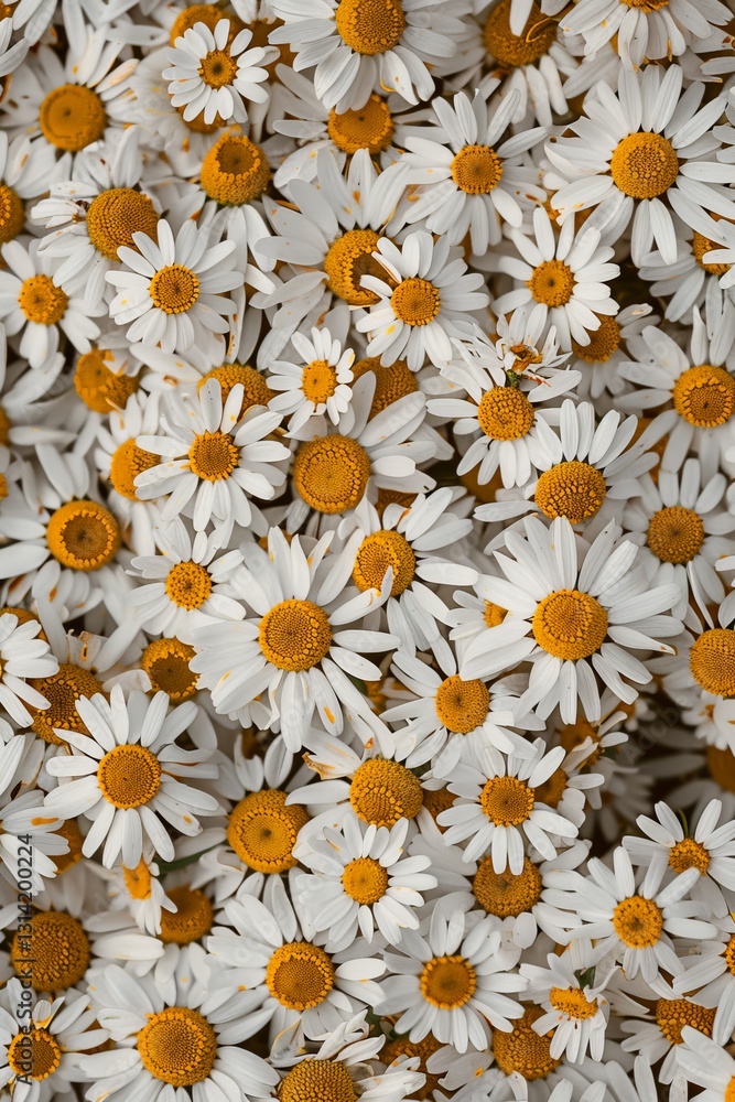 Fototapeta premium Chamomile flower texture background, fresh Matricaria chamomilla flowers pattern, blooming