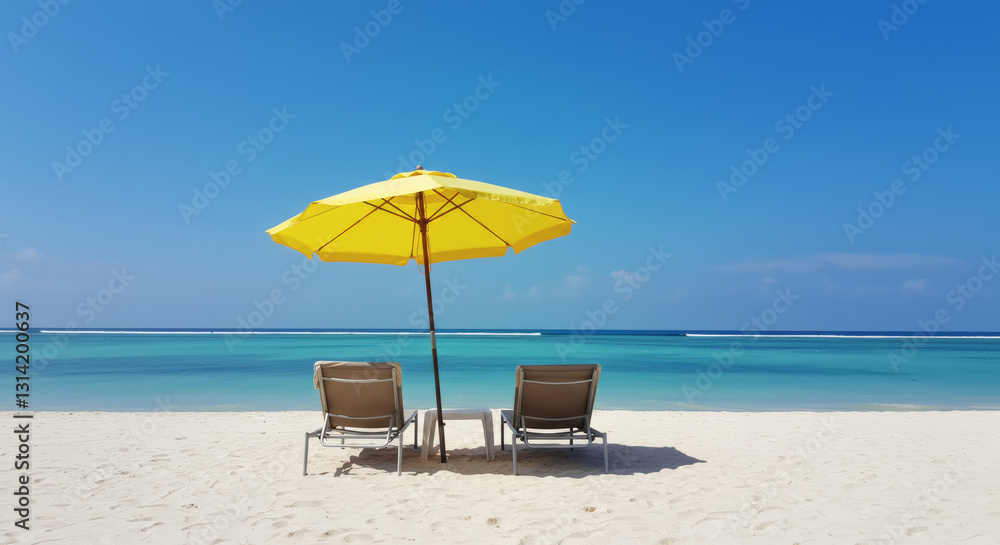 Two beach chairs under a bright yellow umbrella on white sand, facing a calm turquoise ocean under a clear blue sky. Two beach chairs under a bright yellow umbrella on white sand, facing a calm turquoise ocean under a clear blue sky.