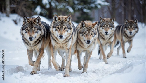 Pack of wolves walking through snowy landscape