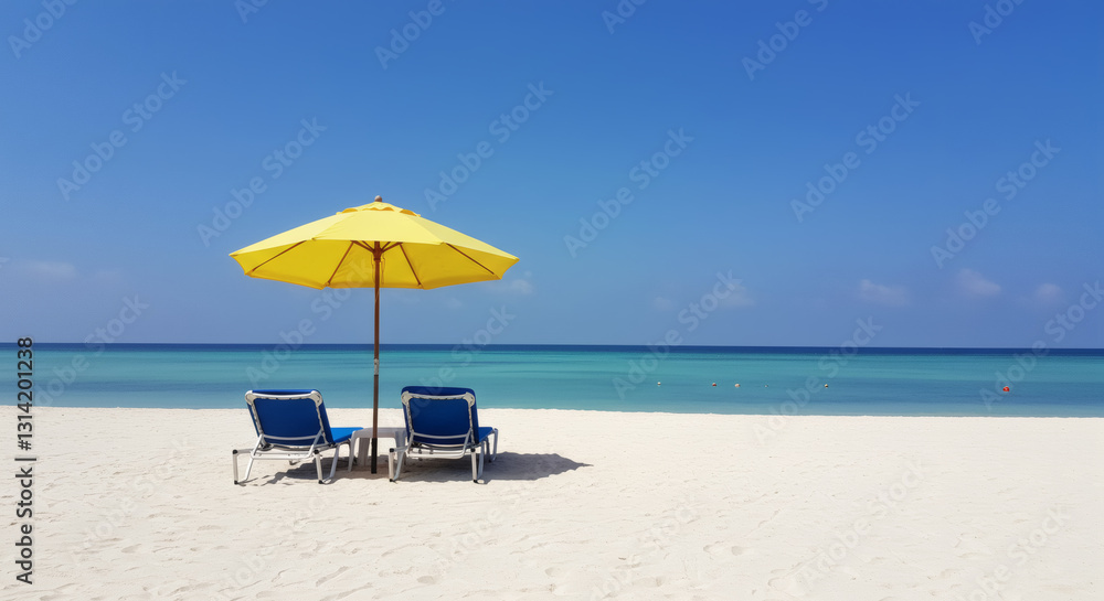 Two beach chairs under a bright yellow umbrella on white sand, facing a calm turquoise ocean under a clear blue sky. Two beach chairs under a bright yellow umbrella on white sand, facing a calm turquoise ocean under a clear blue sky.