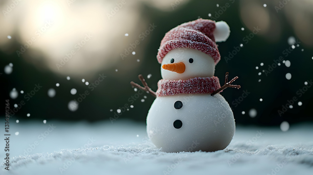 A Small Snowman with Red Knitted Scarf and Hat in Snowy Winter Wonderland Festive Holiday Scene with Soft Falling Snowflakes and Blurry Background A Small Snowman with Red Knitted Scarf and Hat in Snowy Winter Wonderland Festive Holiday Scene with Soft Falling Snowflakes and Blurry Background