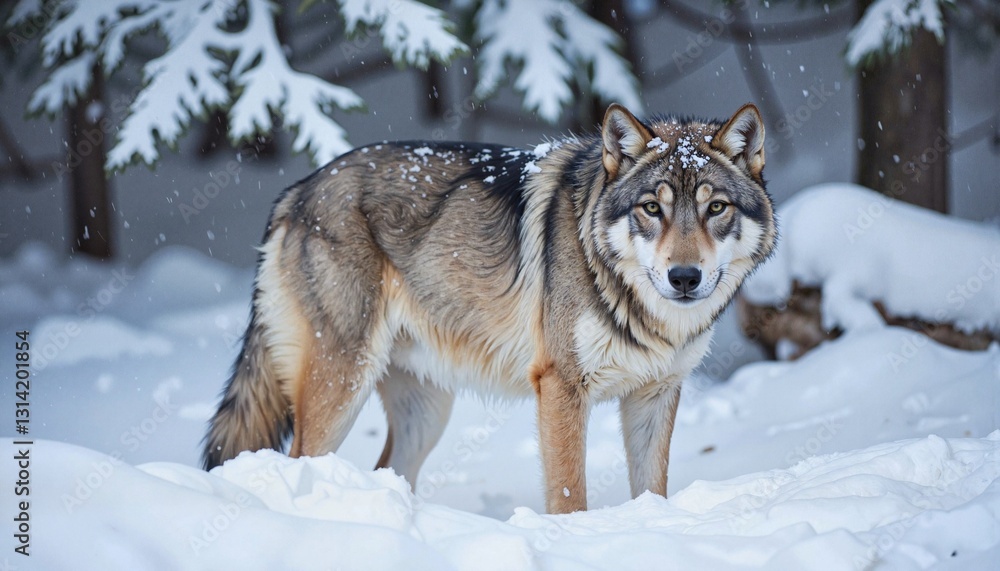 Obraz premium Wolf standing in snowy forest