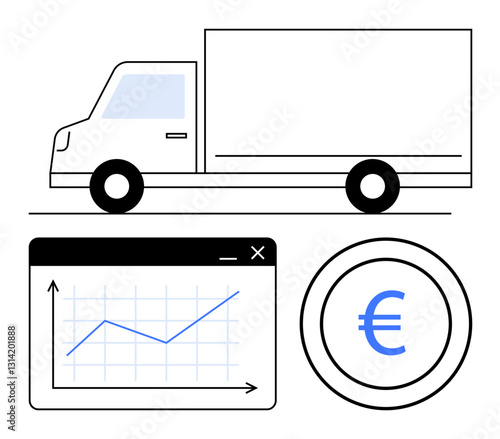 Truck silhouette, analytics graph with upward trend, euro coin. Ideal for logistics, transportation, business growth, shipping analysis, financial planning investment trade. Flat simple metaphor