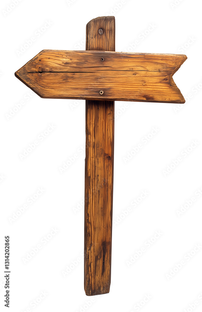 Blank wooden signpost for directional guidance along a rustic path against a white or transparent background Blank wooden signpost for directional guidance along a rustic path against a white or transparent background