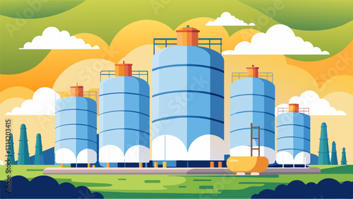 Like monuments to modern energy production these imposing storage tanks rise high into the sky storing vast amounts of natural gas for future use.. Vector illustration