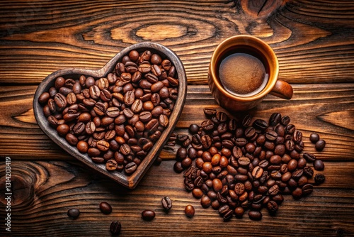 Overhead shot: Espresso, Americano, aromatic Arabica beans, and a rustic wooden heart. photo