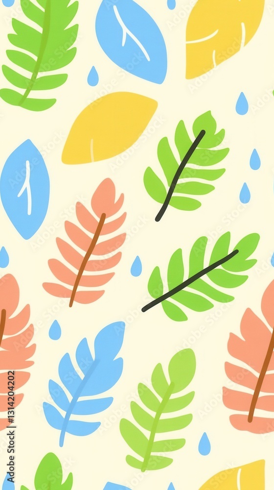 Fototapeta premium Delicate pattern of fresh green leaves with soft spring rain and tiny raindrops on vibrant nature background