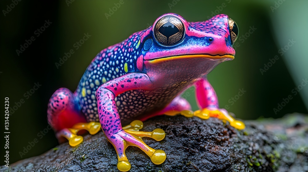 Fototapeta premium Stunning pink frog with blue spots sitting gracefully on a branch emphasizing nature's colorful diversity