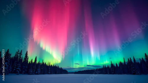 Tanzende Polarlichter über einem zugefrorenem See und Nadelbäumen am Ufer