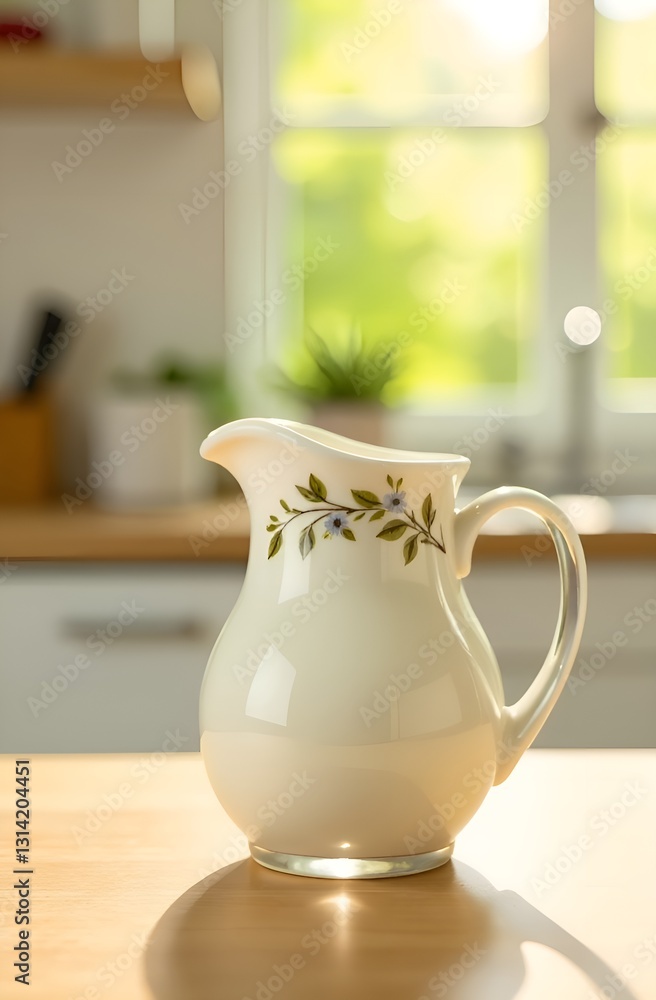 Porcelain jug with nice pattern, on wooden tabletop with blur kitchen background Porcelain jug with nice pattern, on wooden tabletop with blur kitchen background
