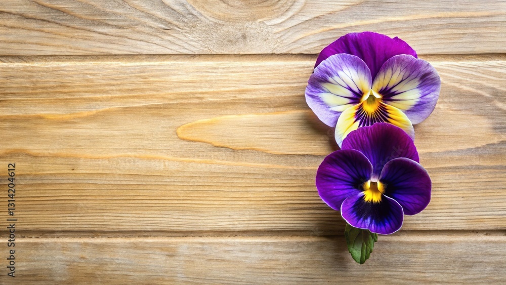 Overhead Pansy Flowers Flat Lay on Wooden Background with Copy Space