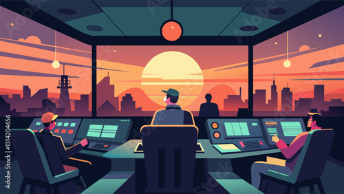 As the sun sets outside the control room becomes a co of artificial light a tireless hub of activity as the operators work around the clock to keep. Vector illustration