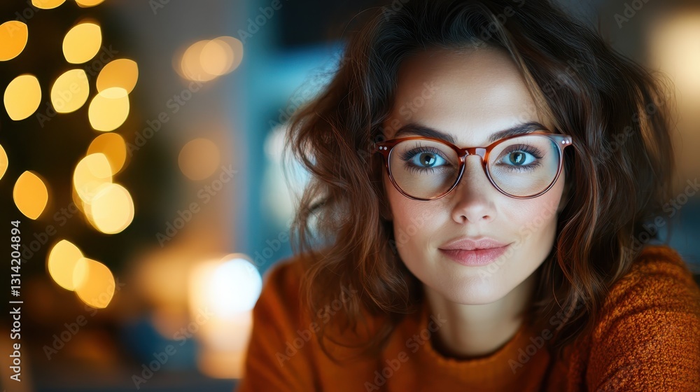 This captivating portrait showcases a woman wearing stylish glasses, illuminated by soft, warm light that highlights her beautiful features and expressive gaze. This captivating portrait showcases a woman wearing stylish glasses, illuminated by soft, warm light that highlights her beautiful features and expressive gaze.