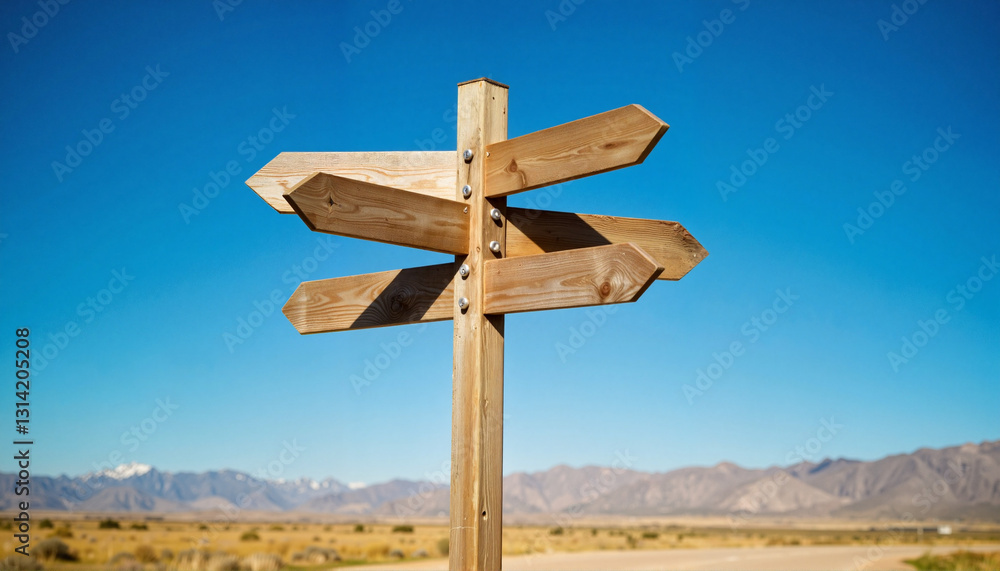 Multiple directional wooden arrows in countryside, symbolism of choices Multiple directional wooden arrows in countryside, symbolism of choices