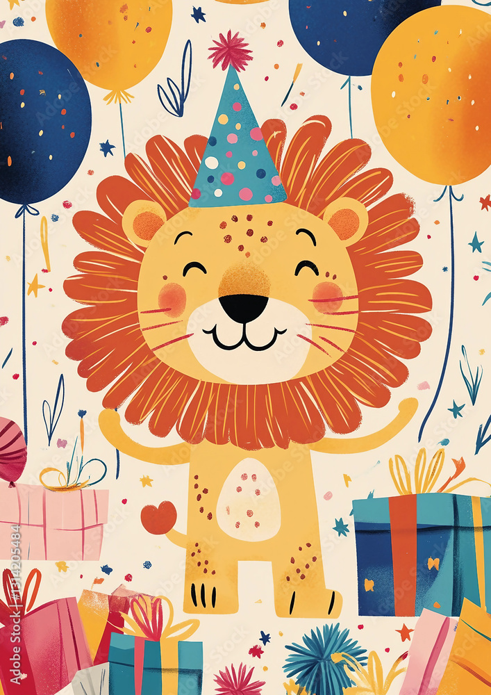 A lion is standing in front of a bunch of balloons and presents A lion is standing in front of a bunch of balloons and presents