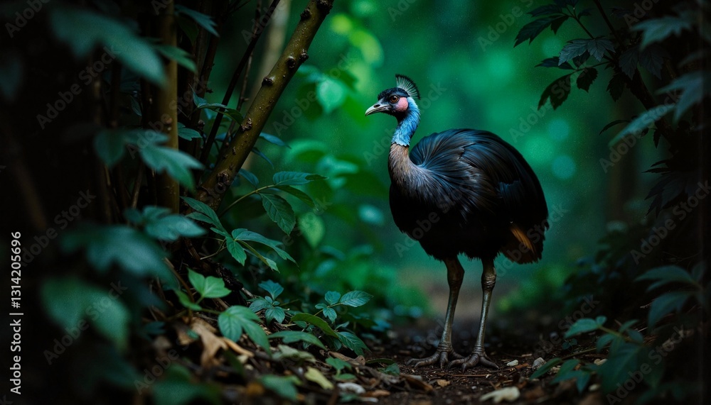 Fototapeta premium Cassowary standing among lush green foliage