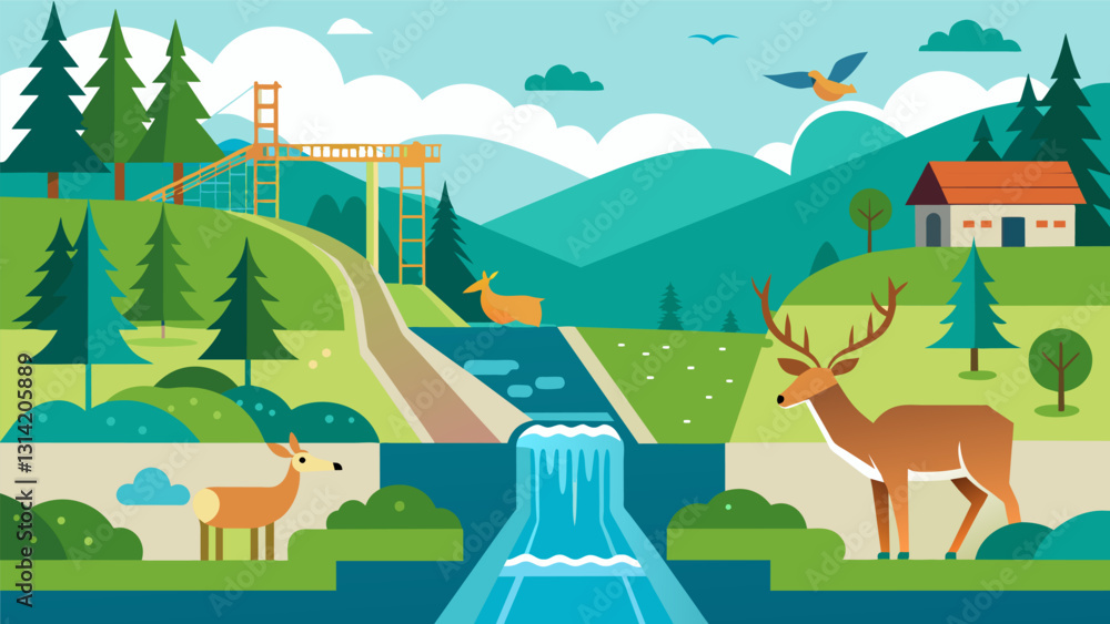 Local wildlife can often be spotted around the hydropower canal with deer coming to drink at its shores and birds nesting in the branches of trees. Vector illustration Local wildlife can often be spotted around the hydropower canal with deer coming to drink at its shores and birds nesting in the branches of trees. Vector illustration