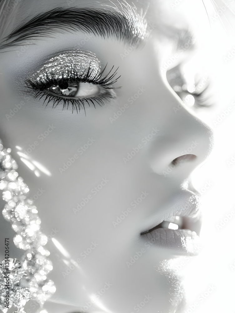 Fototapeta premium Glittering eye makeup and jewelry highlight a woman's face in bright, monochrome light