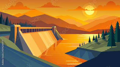 At sunset the warm golden light reflects off the surface of the reservoir created by the hydroelectric dam and providing electricity to nearby towns.. Vector illustration