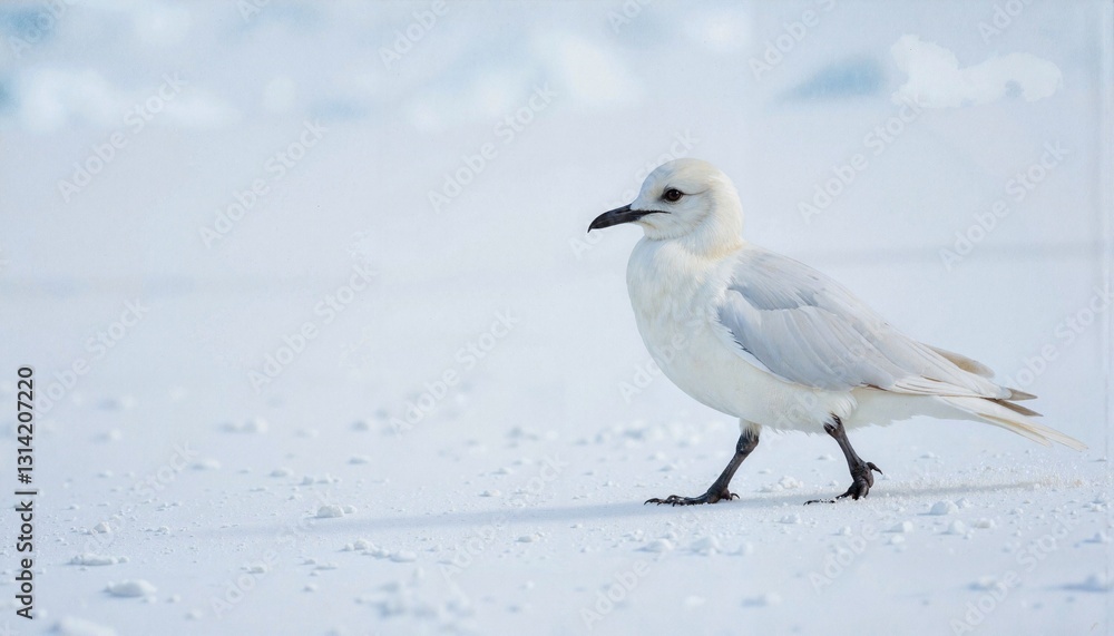 White bird walking on snow-covered ground White bird walking on snow-covered ground