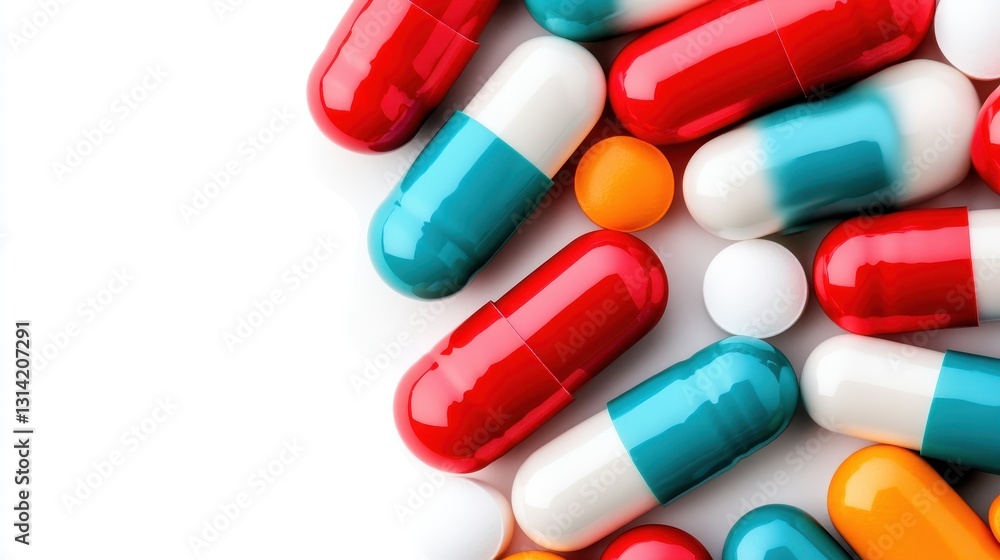 An artistic composition of multicolored pills arranged casually against a clean background, reflecting a wide variety of medicines available for health treatment. An artistic composition of multicolored pills arranged casually against a clean background, reflecting a wide variety of medicines available for health treatment.