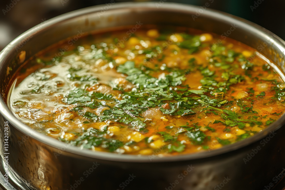 Pot filled with soup, garnished. Pot filled with soup, garnished.