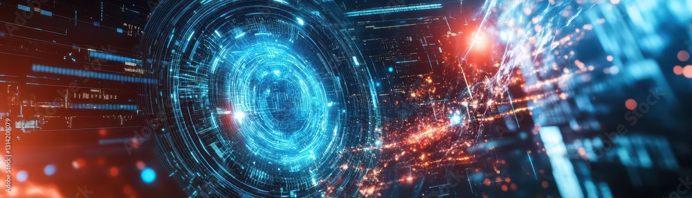 Fototapeta premium A close-up view of a futuristic sci-fi design featuring intricate patterns and textures, illuminated by vibrant blue and orange lights, creating a striking contrast and dynamic atmosphere.