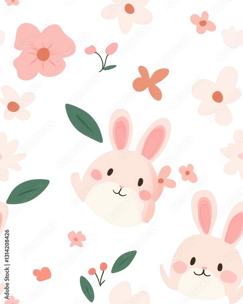 Charming pattern featuring delicate pink flowers and playful baby rabbits hopping through a beautiful floral landscape Charming pattern featuring delicate pink flowers and playful baby rabbits hopping through a beautiful floral landscape