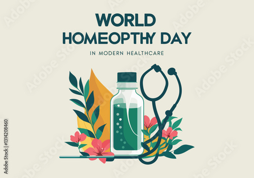 Vector Illustrations for World Homeopathy Day – Herbal Remedies, Homeopathic Bottles, Natural Healing, Icon Designs for Social Media, T-Shirts, Stickers, Posters, Print Cards & Animated GIFs