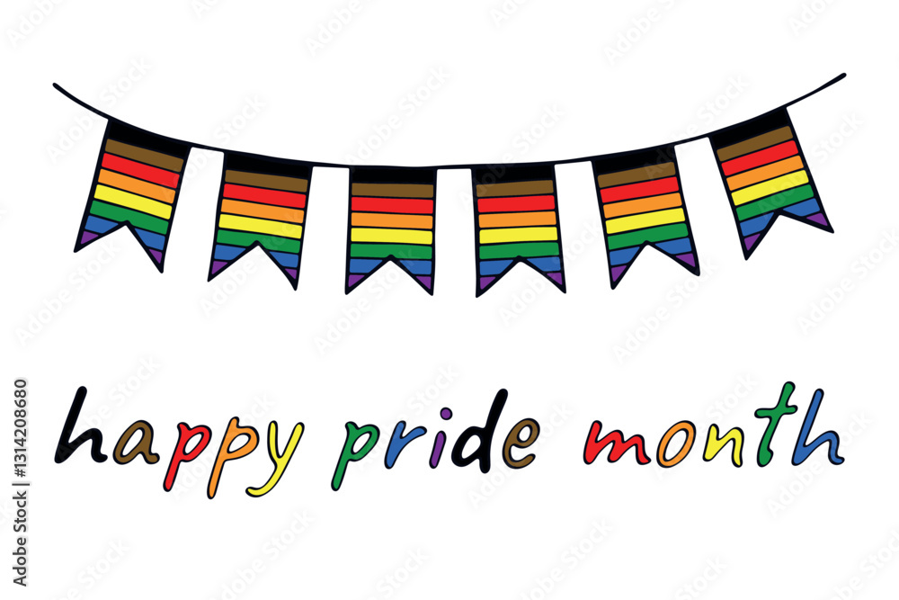 Fototapeta premium Colorful garland Gay pride flag Happy pride day LGBTQIA community Pride Month Vector hand drawn doodle for posters, stickers, logo, cards