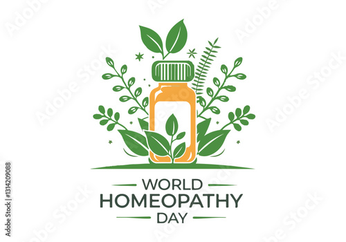 Vector Illustrations for World Homeopathy Day – Herbal Remedies, Homeopathic Bottles, Natural Healing, Icon Designs for Social Media, T-Shirts, Stickers, Posters, Print Cards & Animated GIFs