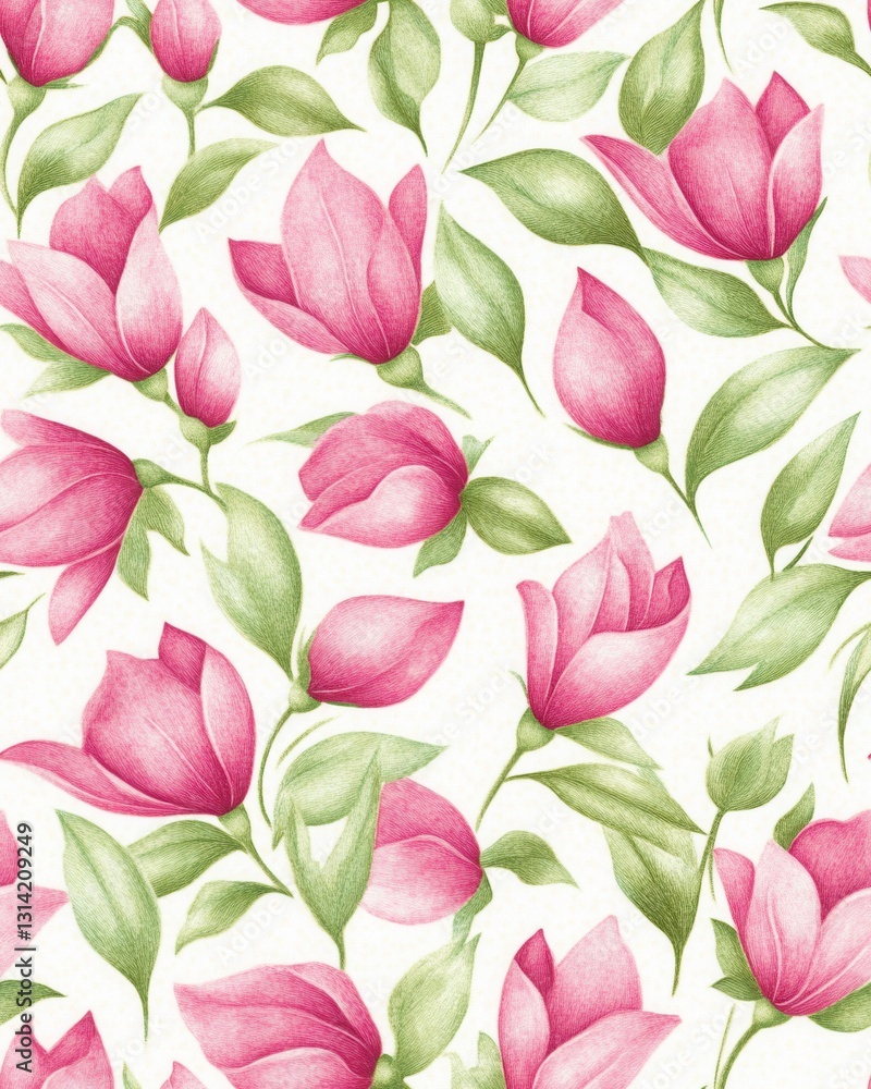 Fototapeta premium Delicate rosebuds just beginning to bloom in a gentle pink flower pattern creating a soft and elegant design