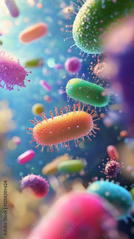 Fototapeta premium Colorful Microscopic World: A Vivid Depiction of Viruses and Bacteria