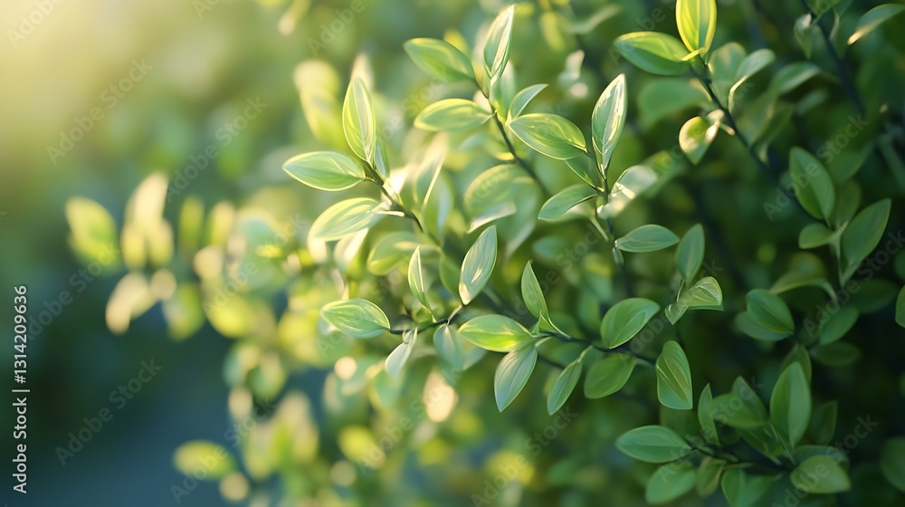 Obraz premium Close-up of vibrant green leaves illuminated by soft sunlight.
