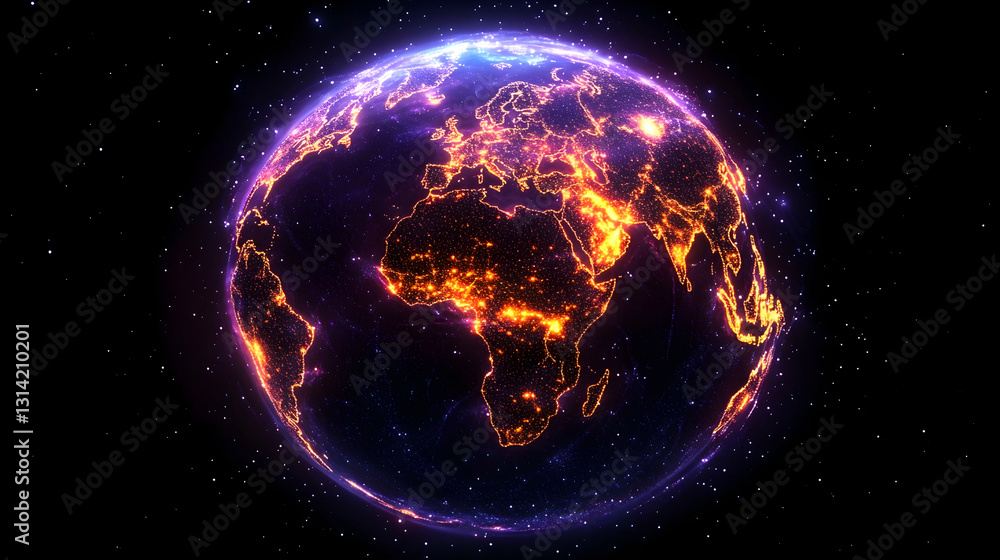 Glowing Earth Night lights illuminate continents against a starry cosmos backdrop, vibrant energy Glowing Earth Night lights illuminate continents against a starry cosmos backdrop, vibrant energy