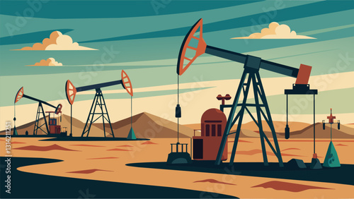 In the foreground a single pump jack belches out a steady stream of oil while in the distance multiple others stand tall indicating the vastness of. Vector illustration