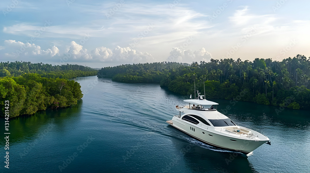 Fototapeta premium Luxury Yacht Sailing Through Tropical Mangrove River At Sunrise Aerial View With Lush Green Foliage And Deep Blue Water