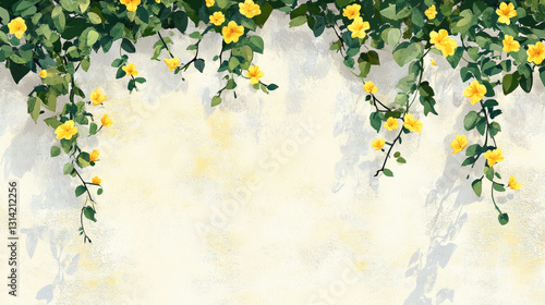 Fototapeta Naklejka Na Ścianę i Meble -  Floral vine border with yellow flowers on textured wall
