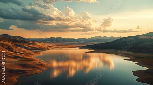 Wallpaper Mural Serene sunset over calm lake reflecting golden clouds and hills. Torontodigital.ca