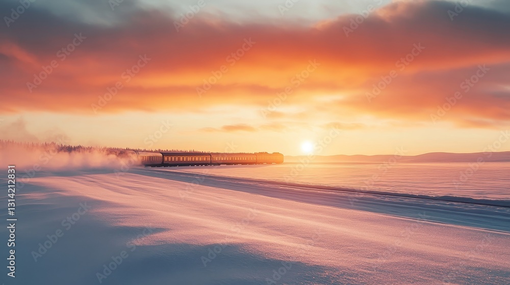 winter train at sunset in snowy landscape winter train at sunset in snowy landscape