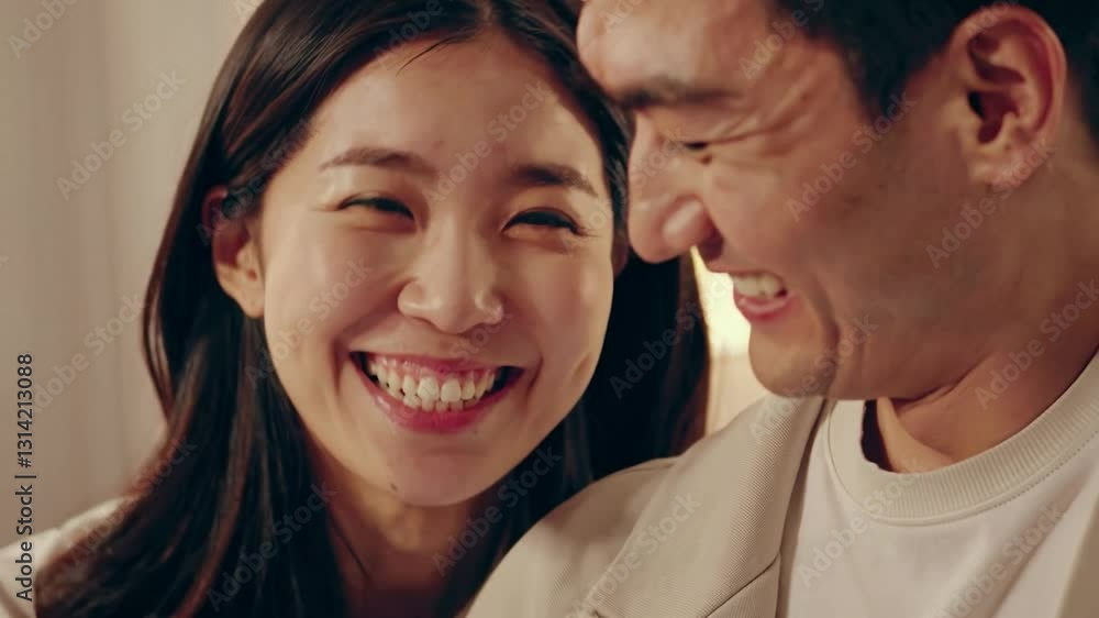 Young asian couple laughing and enjoying each other’s company, sharing a joyful moment filled with happiness and connection in a bright, cheerful setting Young asian couple laughing and enjoying each other’s company, sharing a joyful moment filled with happiness and connection in a bright, cheerful setting